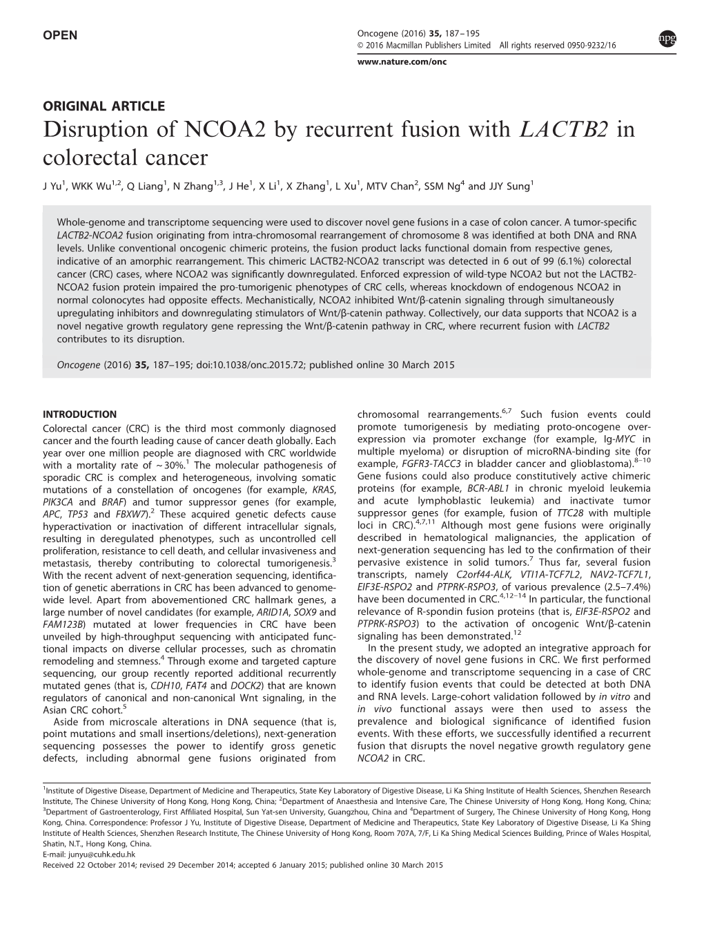 Disruption of NCOA2 by Recurrent Fusion with LACTB2 in Colorectal Cancer