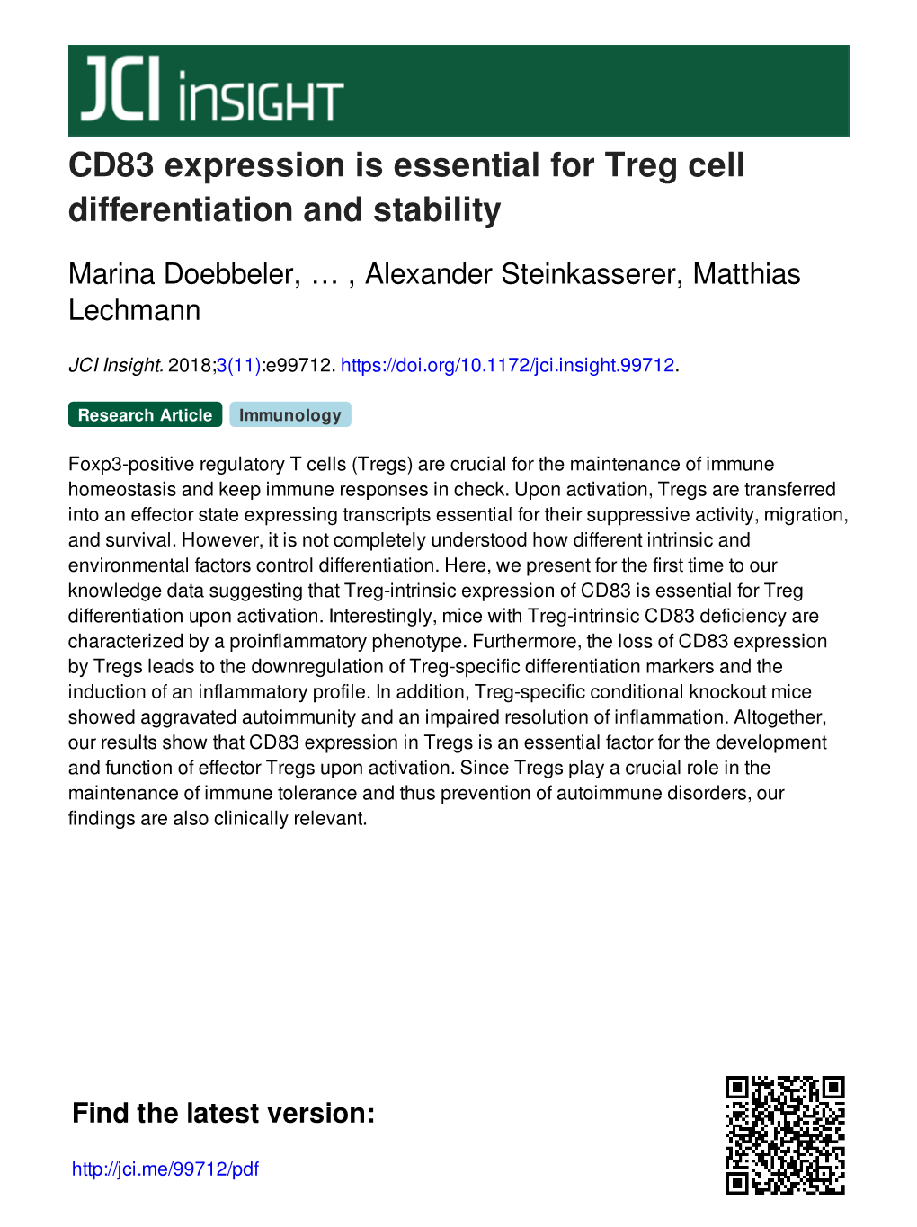 CD83 Expression Is Essential for Treg Cell Differentiation and Stability