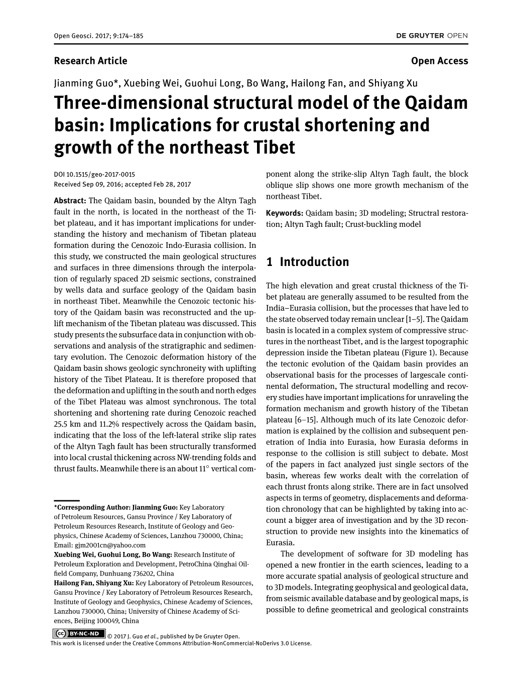 Three-Dimensional Structural Model of the Qaidam Basin: Implications for Crustal Shortening and Growth of the Northeast Tibet