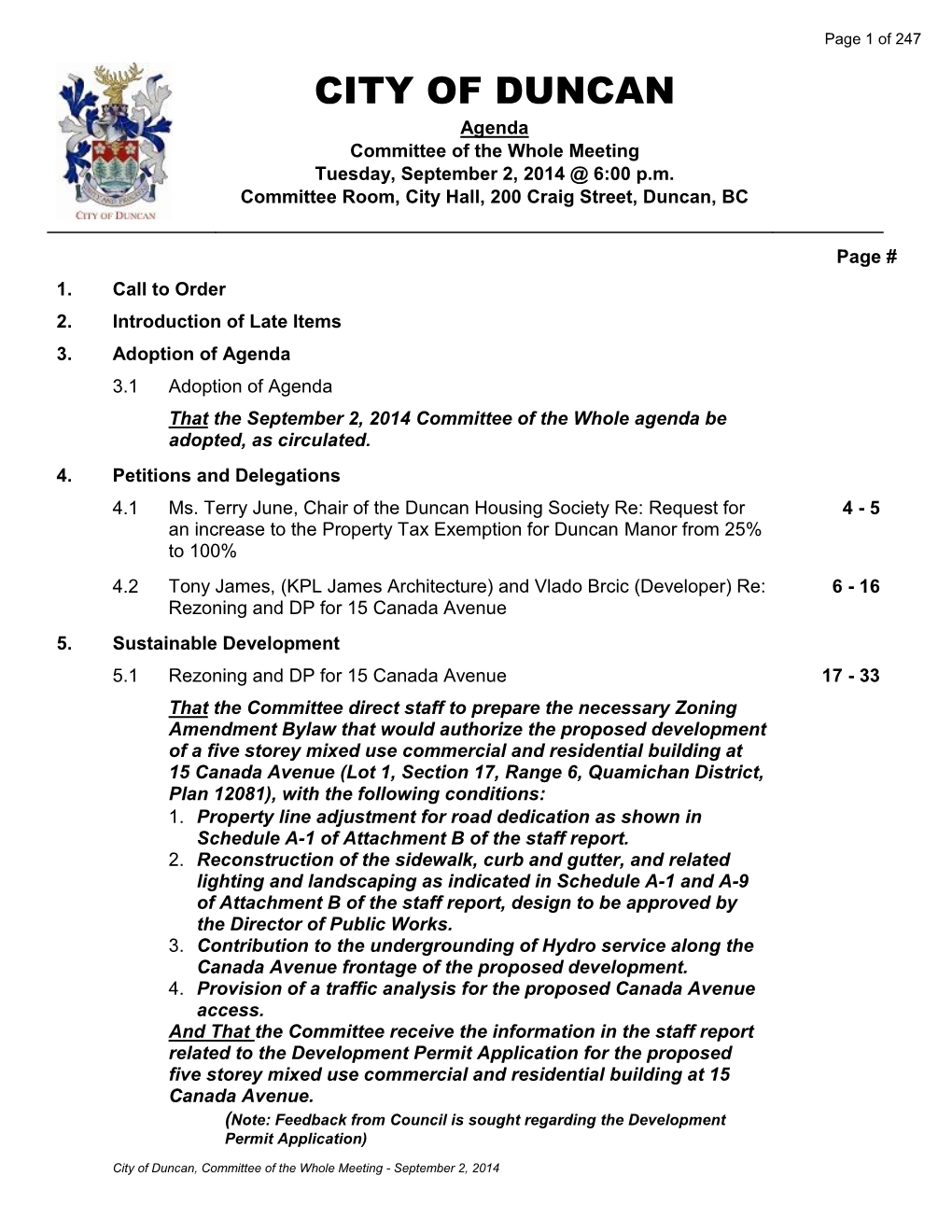 CITY of DUNCAN Agenda Committee of the Whole Meeting Tuesday, September 2, 2014 @ 6:00 P.M