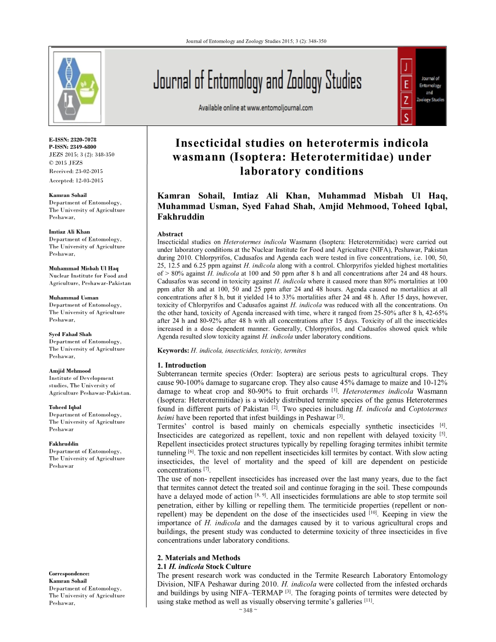 Insecticidal Studies on Heterotermis Indicola Wasmann (Isoptera