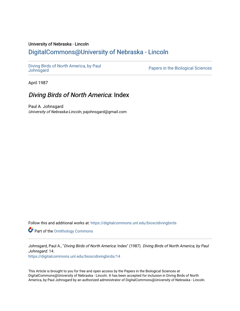 Diving Birds of North America: Index