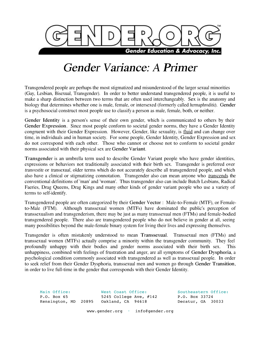 Gender Variance: a Primer