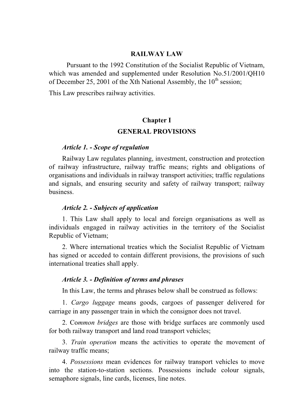 RAILWAY LAW Pursuant to the 1992 Constitution of the Socialist