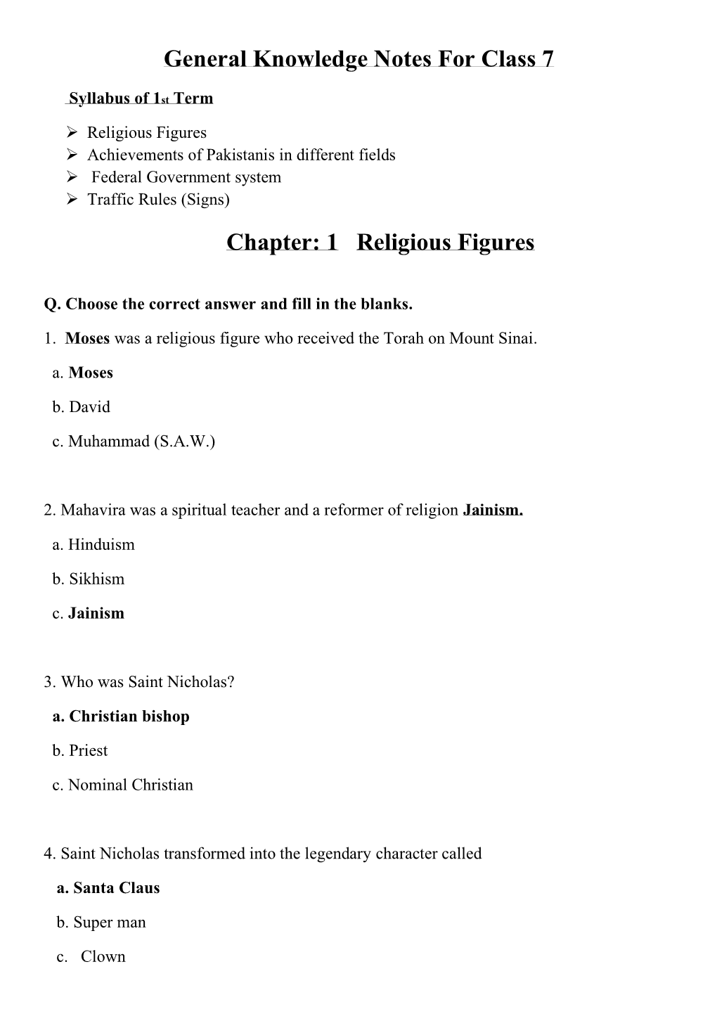 General Knowledge Notes for Class 7 Chapter: 1 Religious Figures