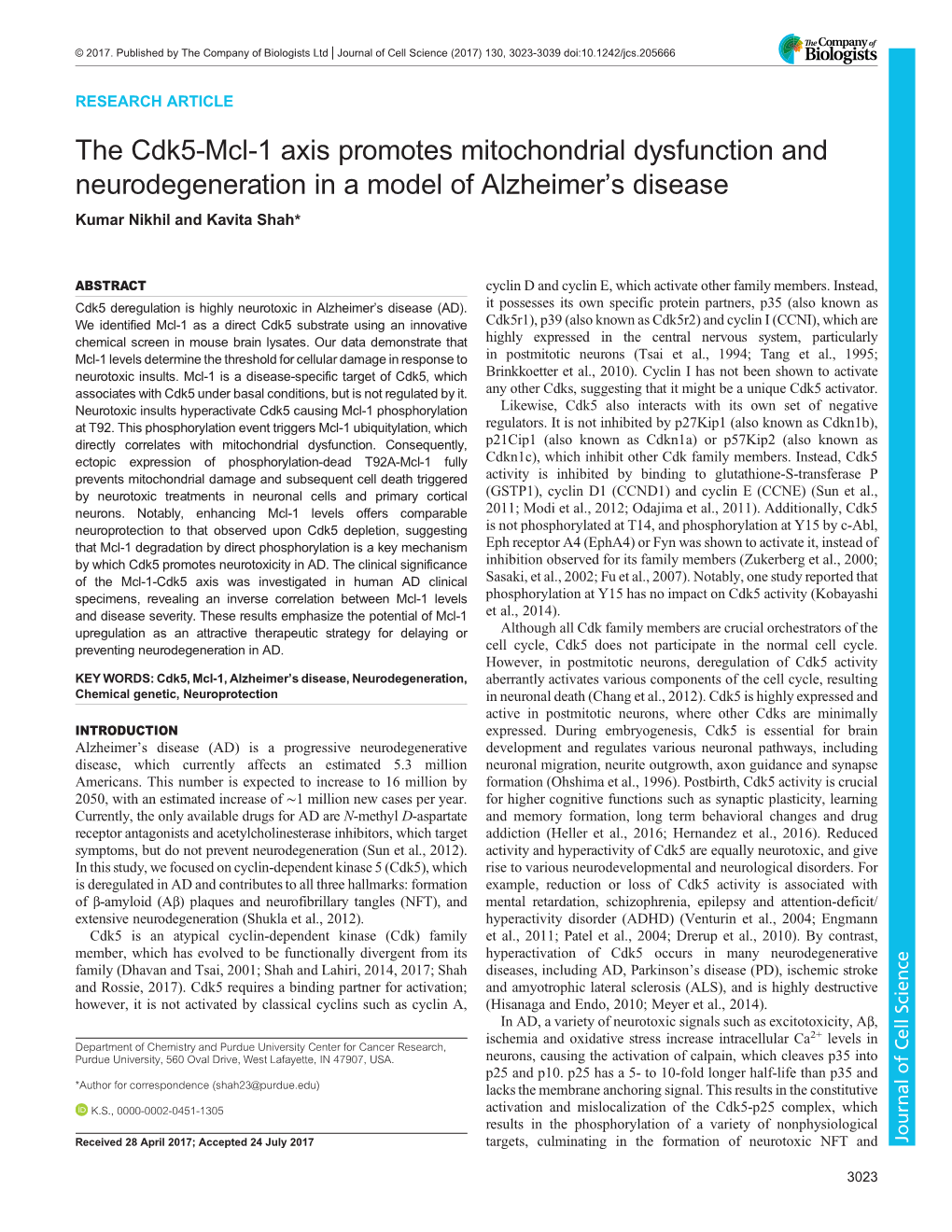 The Cdk5-Mcl-1 Axis Promotes Mitochondrial Dysfunction and Neurodegeneration in a Model of Alzheimer’S Disease Kumar Nikhil and Kavita Shah*
