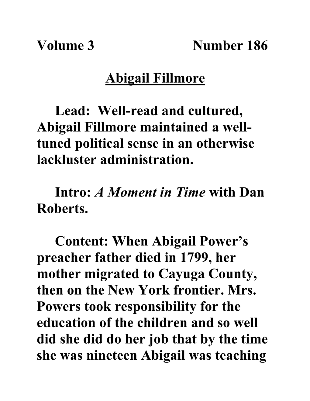 Volume 3 Number 186 Abigail Fillmore Lead