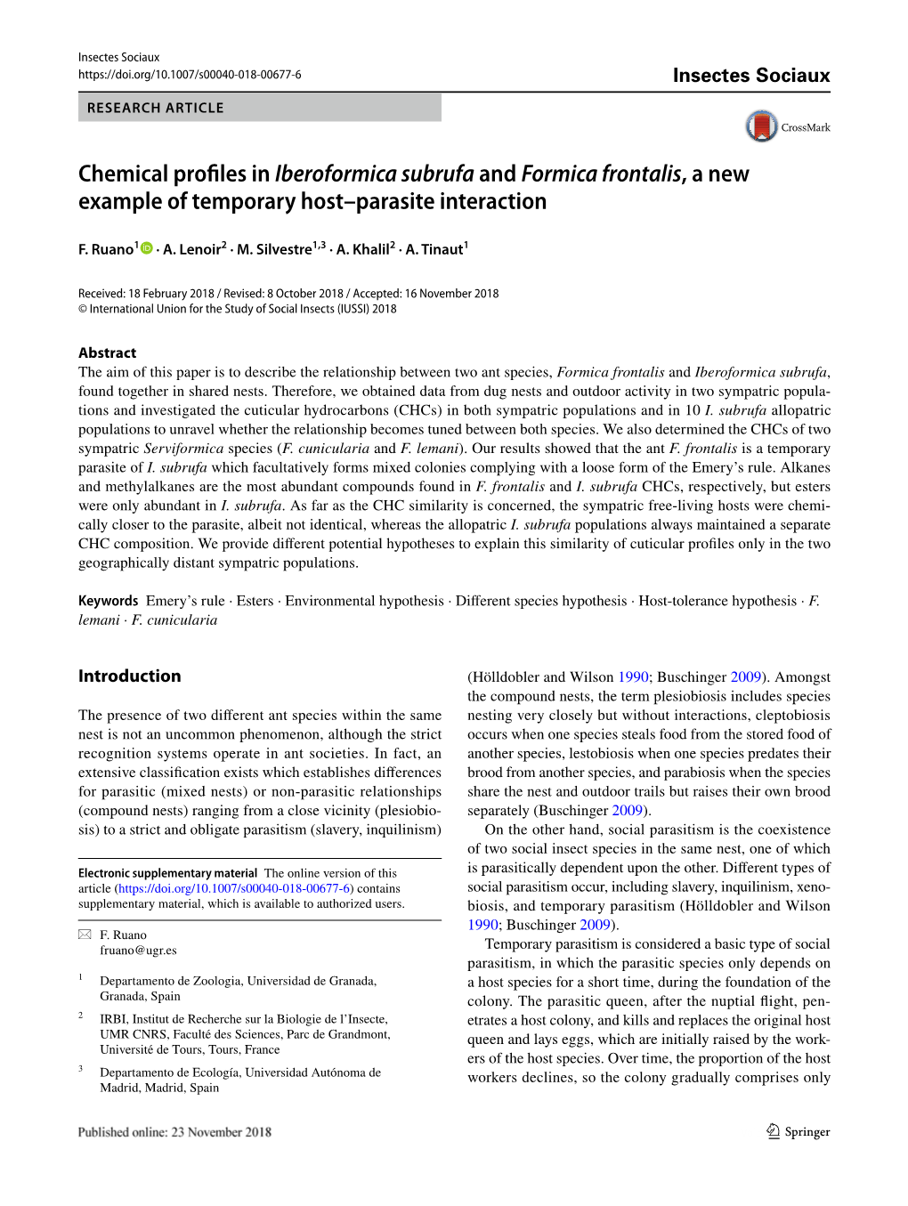 Chemical Profiles in Iberoformica Subrufa and Formica Frontalis, a New Example of Temporary Host–Parasite Interaction