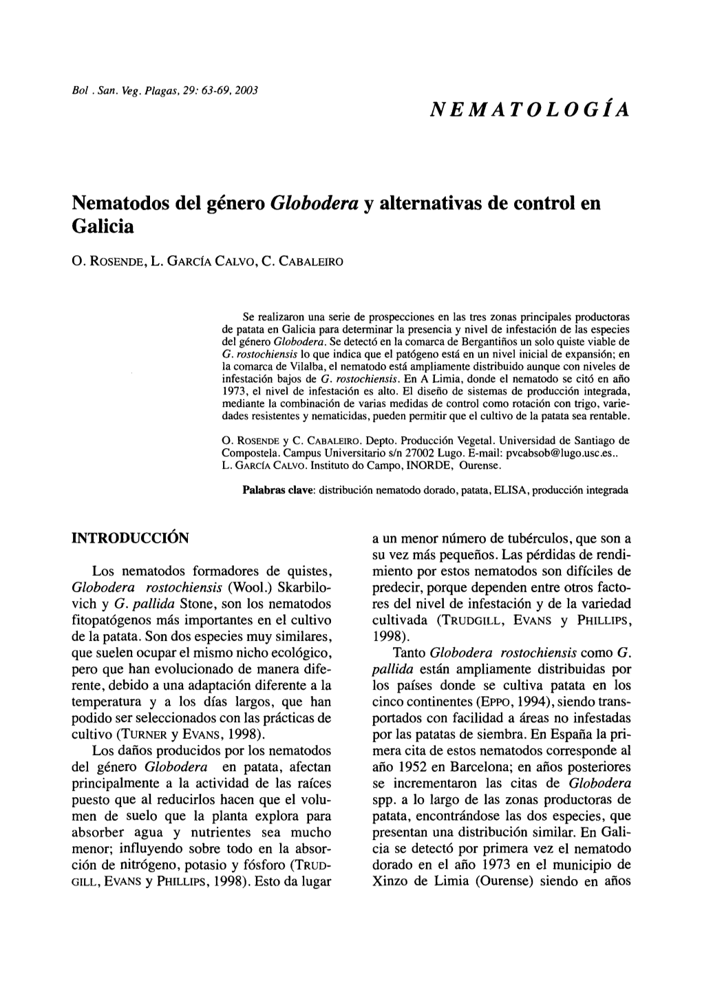 Nematodos Del Género Globodera Y Alternativas De Control En Galicia