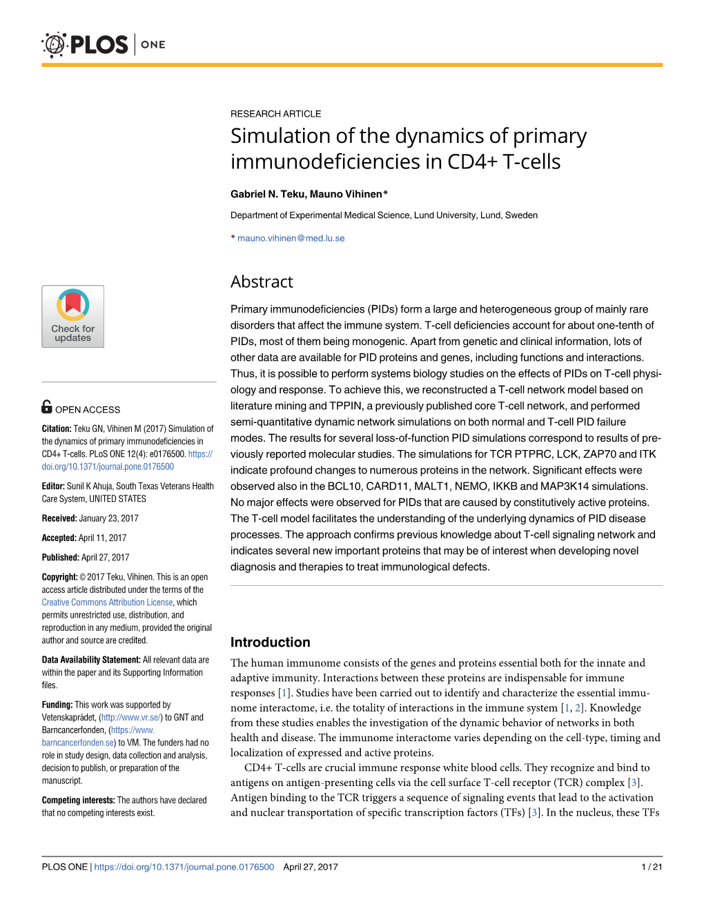 Simulation of the Dynamics of Primary Immunodeficiencies in CD4+ T-Cells