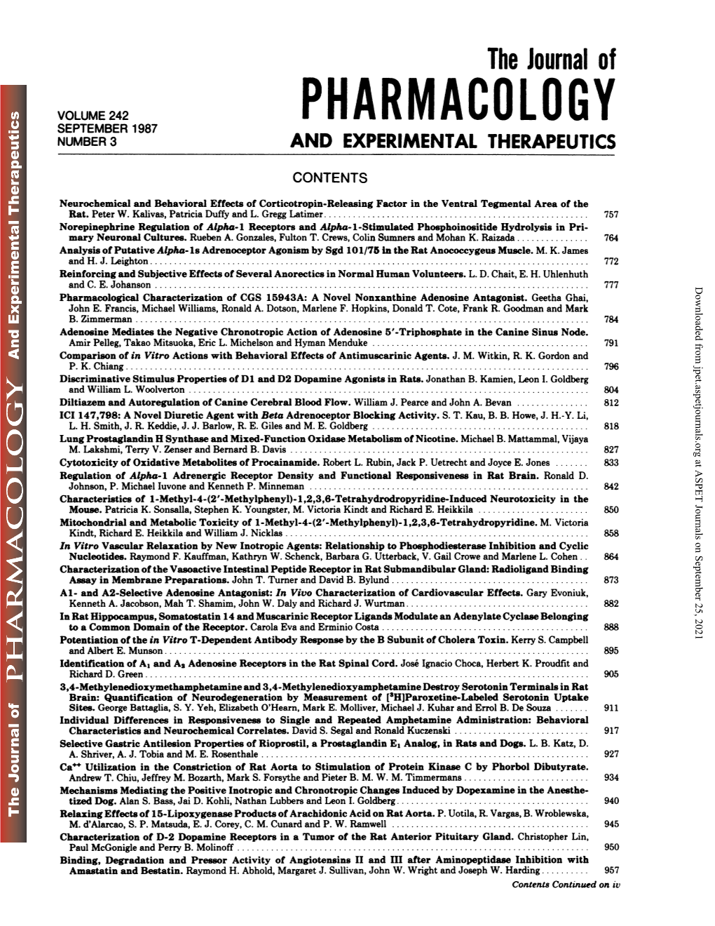 Pharmacology September 1987 Number 3 and Experimental Therapeutics
