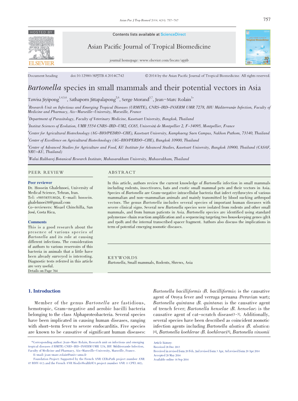 Bartonella Species in Small Mammals and Their Potential Vectors in Asia