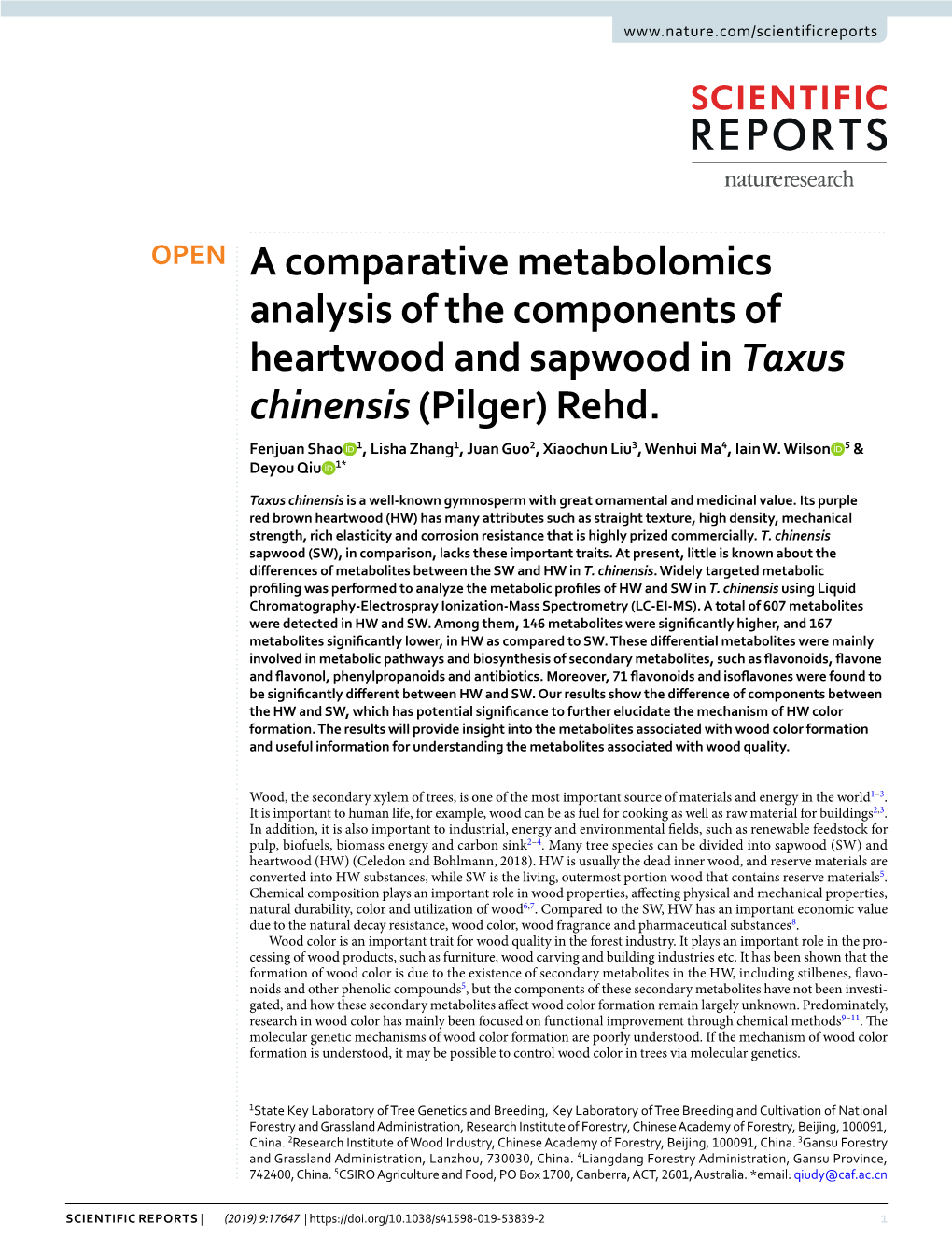 A Comparative Metabolomics Analysis of the Components of Heartwood and Sapwood in Taxus Chinensis (Pilger) Rehd