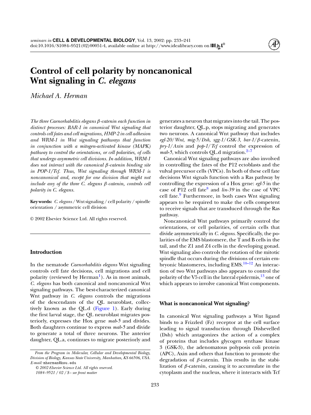 Control of Cell Polarity by Noncanonical Wnt Signaling in C