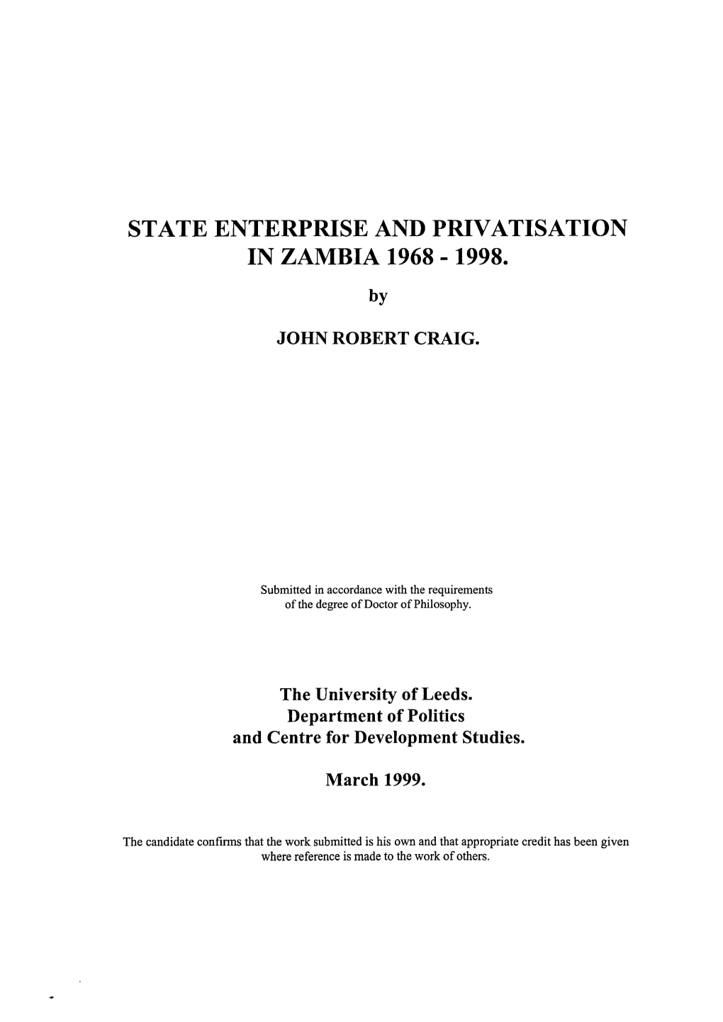 State Enterprise and Privatisation in Zambia 1968 - 1998