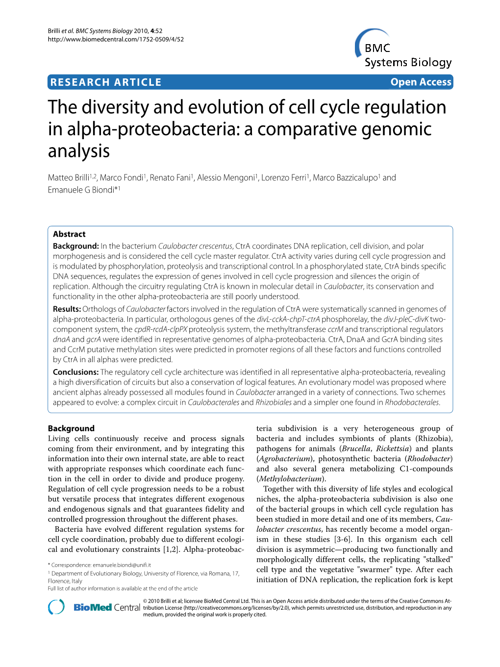 The Diversity and Evolution of Cell Cycle Regulation in Alpha-Proteobacteria: a Comparative Genomic Analysis