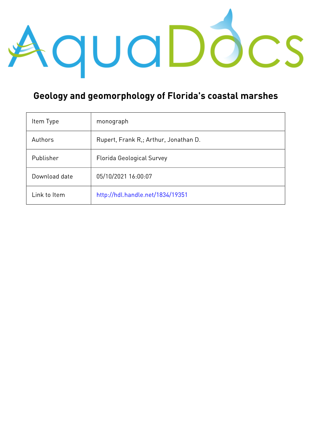 The Florida Geological Survey Holds All Rights to the Source Text of This Electronic Resource on Behalf of the State of Florida