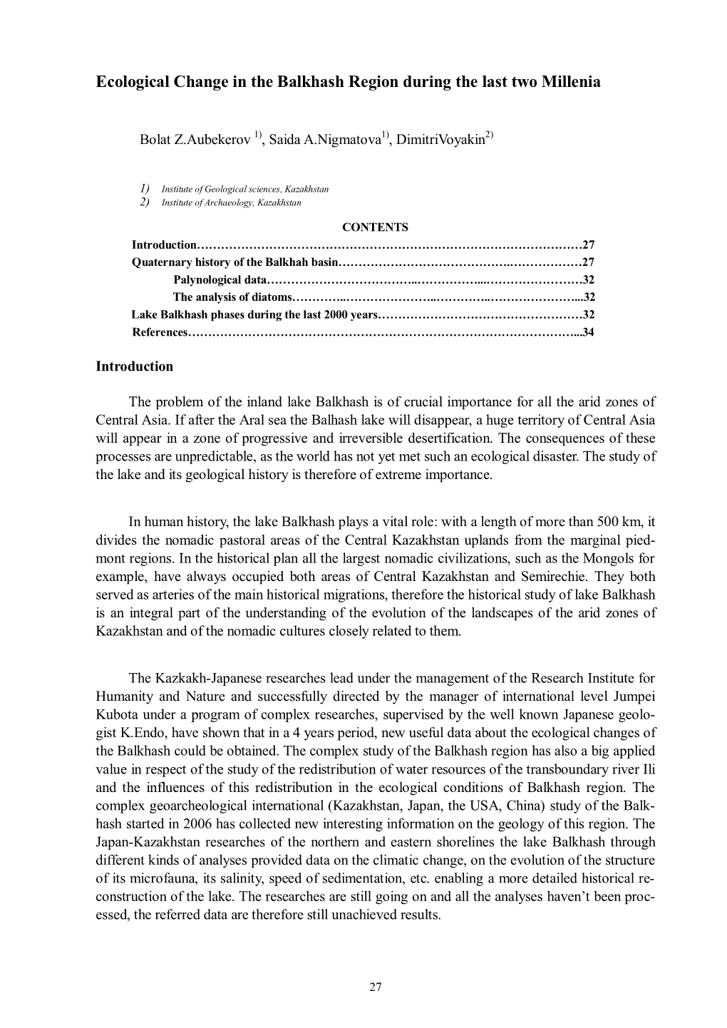 Ecological Change in the Balkhash Region During the Last Two Millenia