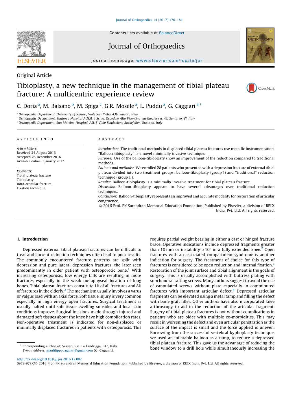 Tibioplasty, a New Technique in the Management of Tibial Plateau Fracture: a Multicentric Experience Review