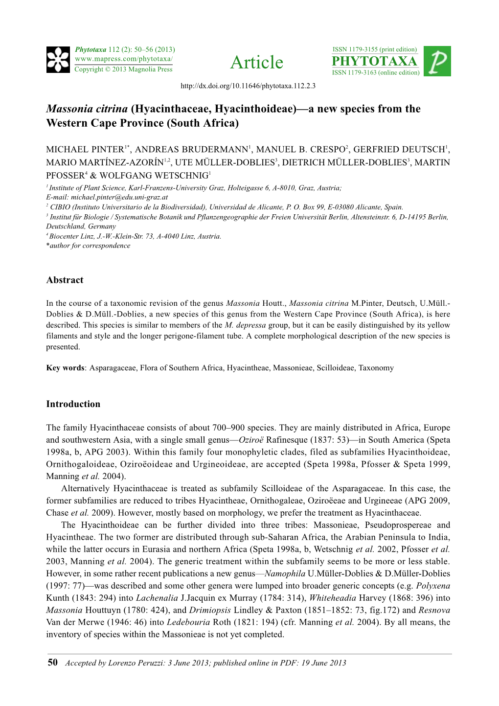 Massonia Citrina (Hyacinthaceae, Hyacinthoideae)—A New Species from the Western Cape Province (South Africa)