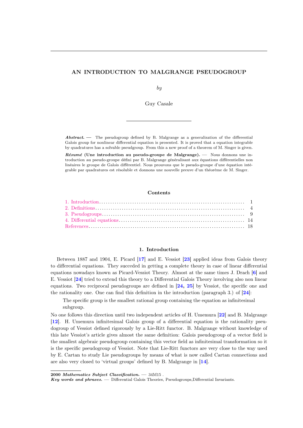 AN INTRODUCTION to MALGRANGE PSEUDOGROUP By