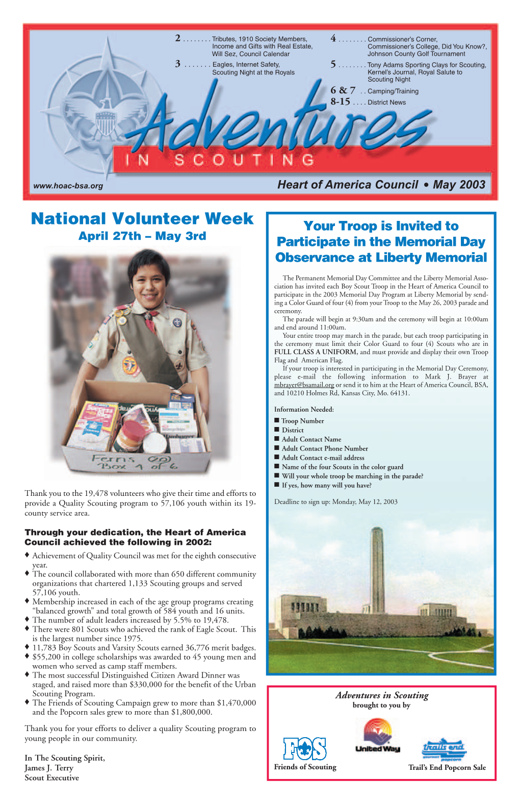 National Volunteer Week Your Troop Is Invited to April 27Th – May 3Rd Participate in the Memorial Day Observance at Liberty Memorial
