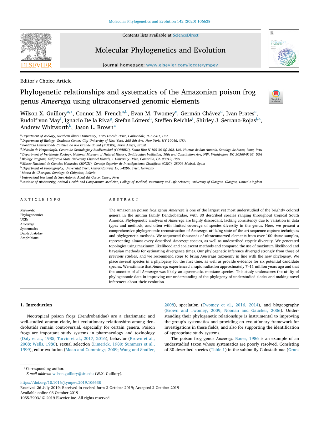 Phylogenetic Relationships and Systematics of the Amazonian Poison Frog Genus Ameerega Using Ultraconserved Genomic Elements T ⁎ Wilson X