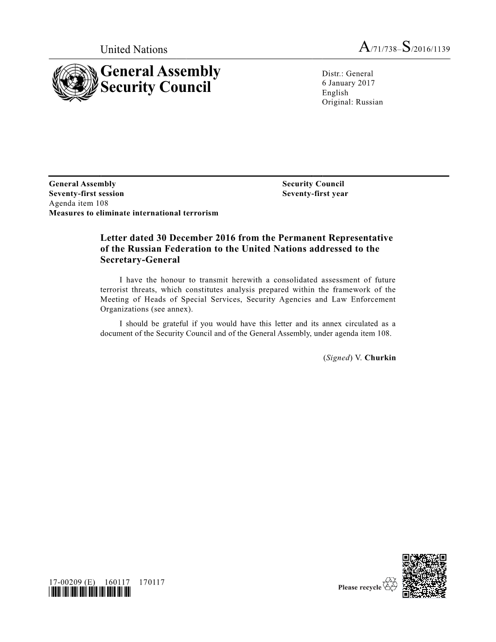 General Assembly Security Council Seventy-First Session Seventy-First Year Agenda Item 108 Measures to Eliminate International Terrorism