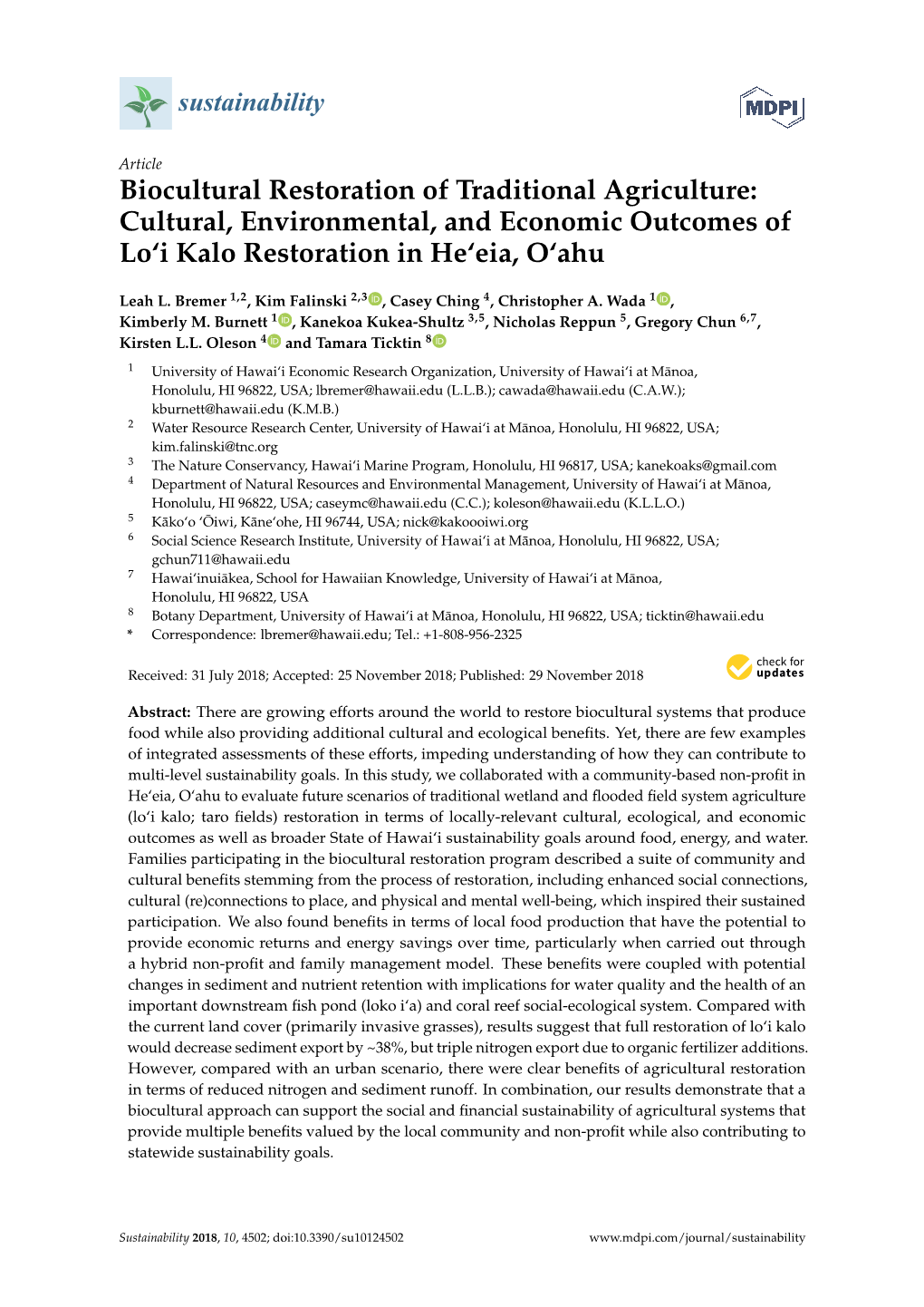 Biocultural Restoration of Traditional Agriculture: Cultural, Environmental, and Economic Outcomes of Lo‘I Kalo Restoration in He‘Eia, O‘Ahu