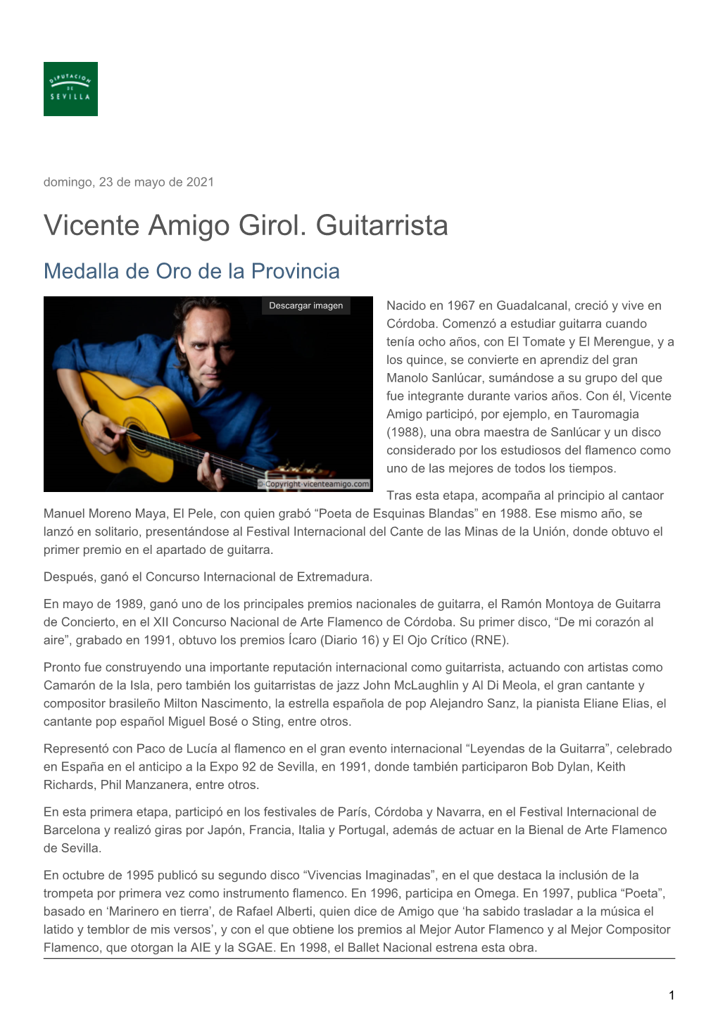 Vicente Amigo Girol. Guitarrista Medalla De Oro De La Provincia