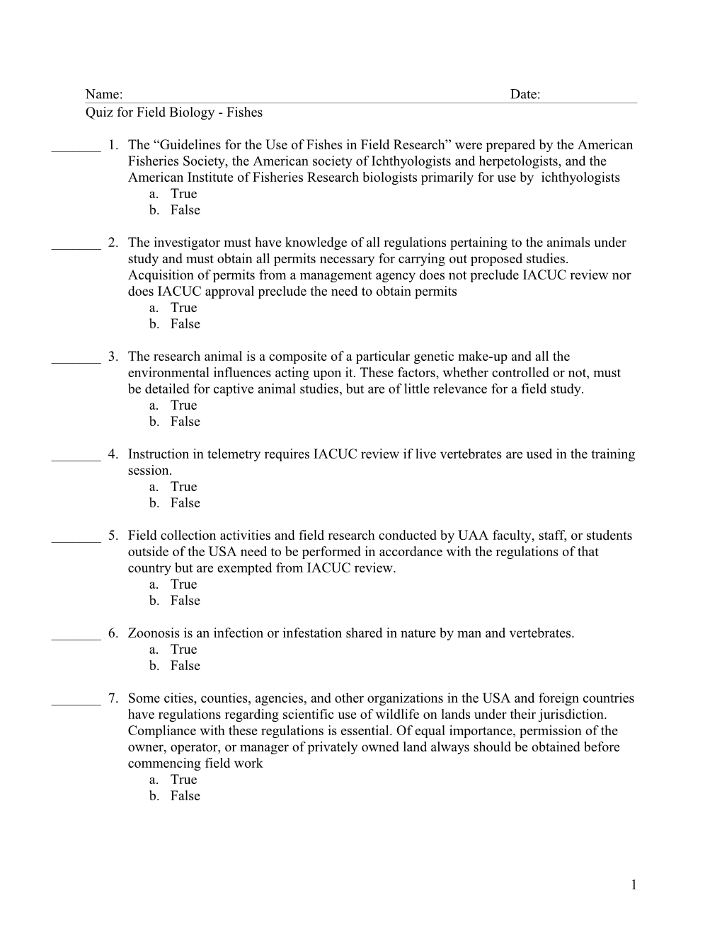 Quiz for Field Biology - Fishes