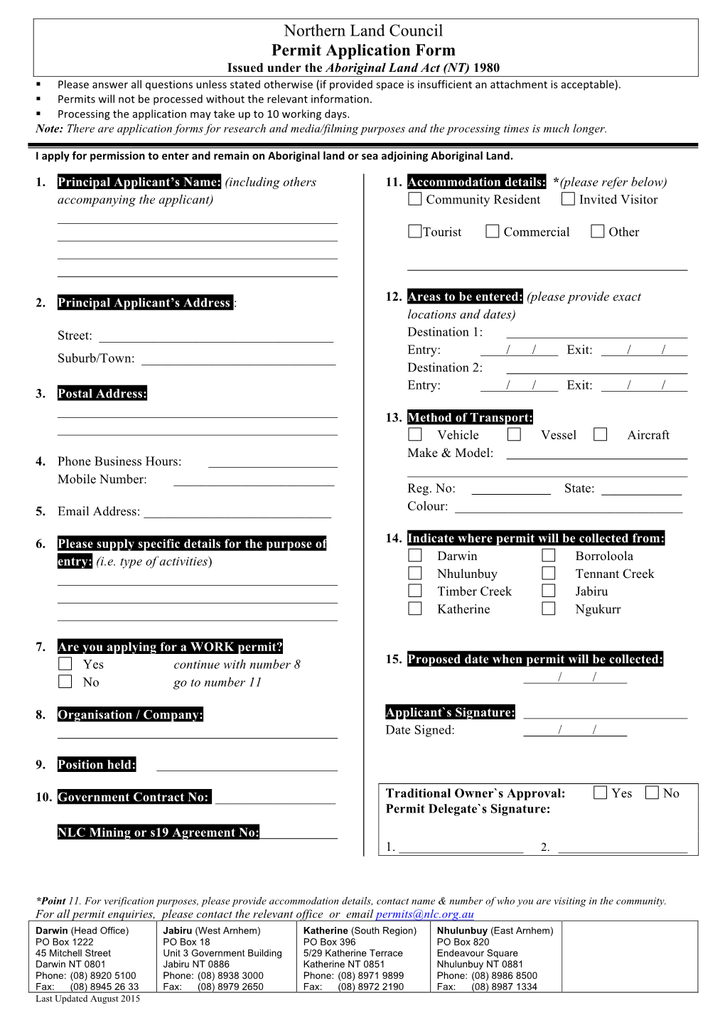 Northern Land Council Permit Application Form