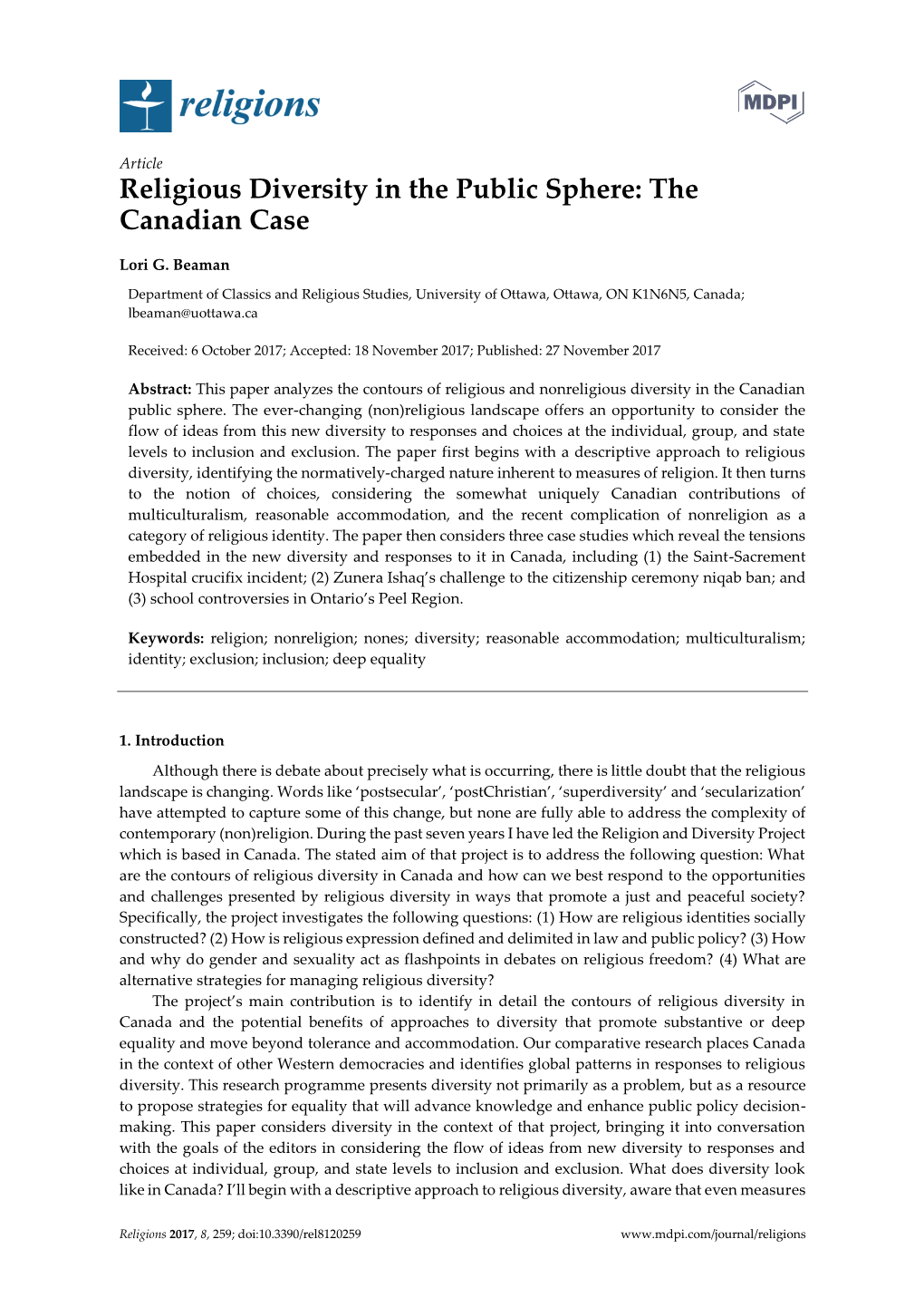 Article Religious Diversity in the Public Sphere: the Canadian Case