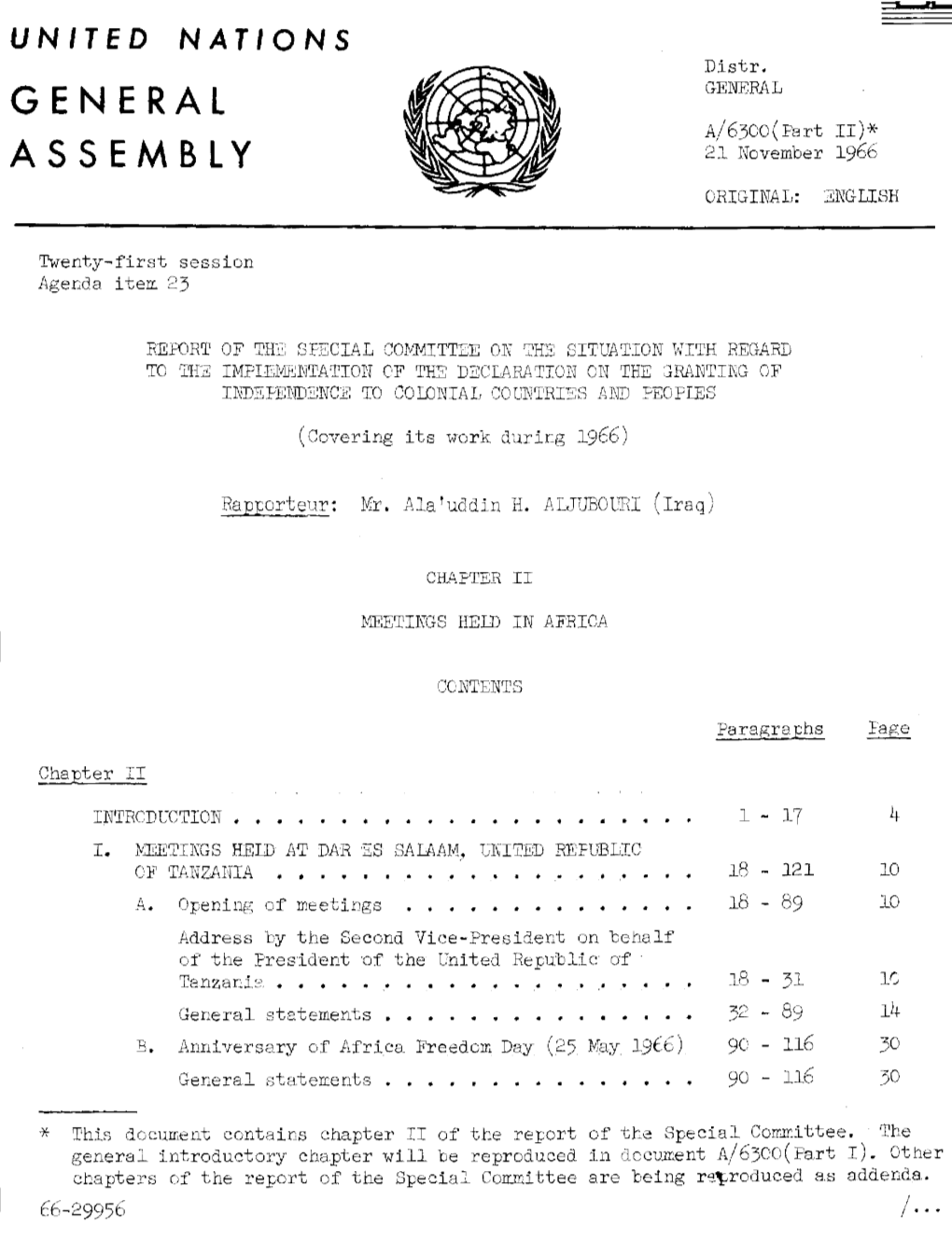 General Assembly Resolution 1514 (XV) with Regard to Colonial Territories Considered by the Special Committee During Its Meetings in Africa (1966)