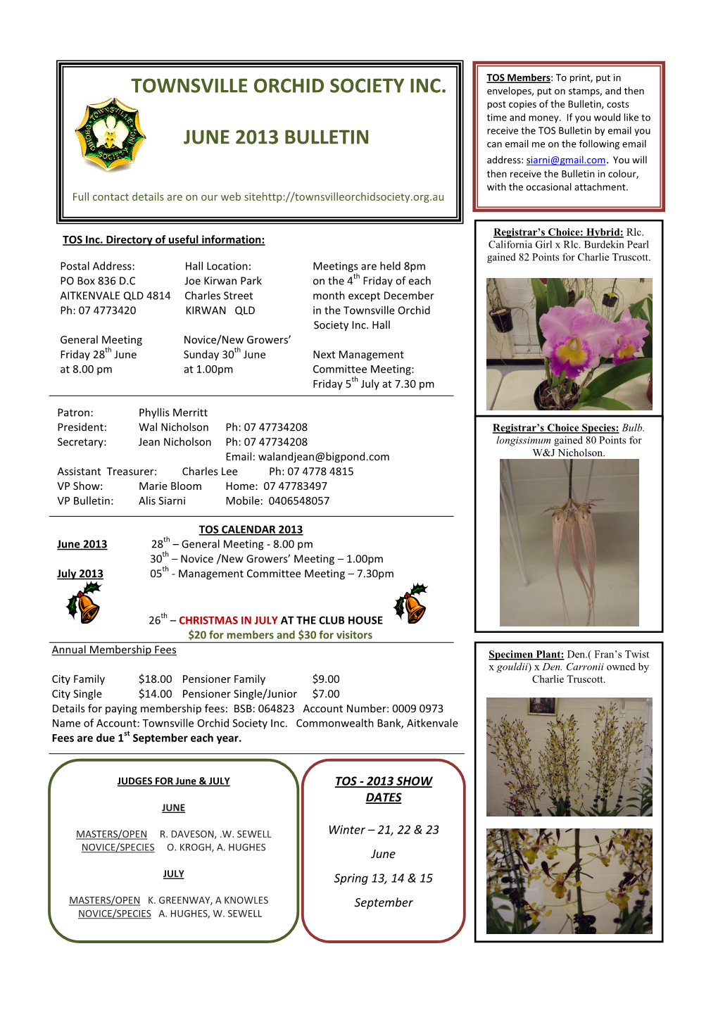 Townsville Orchid Society Inc. June 2013 Bulletin