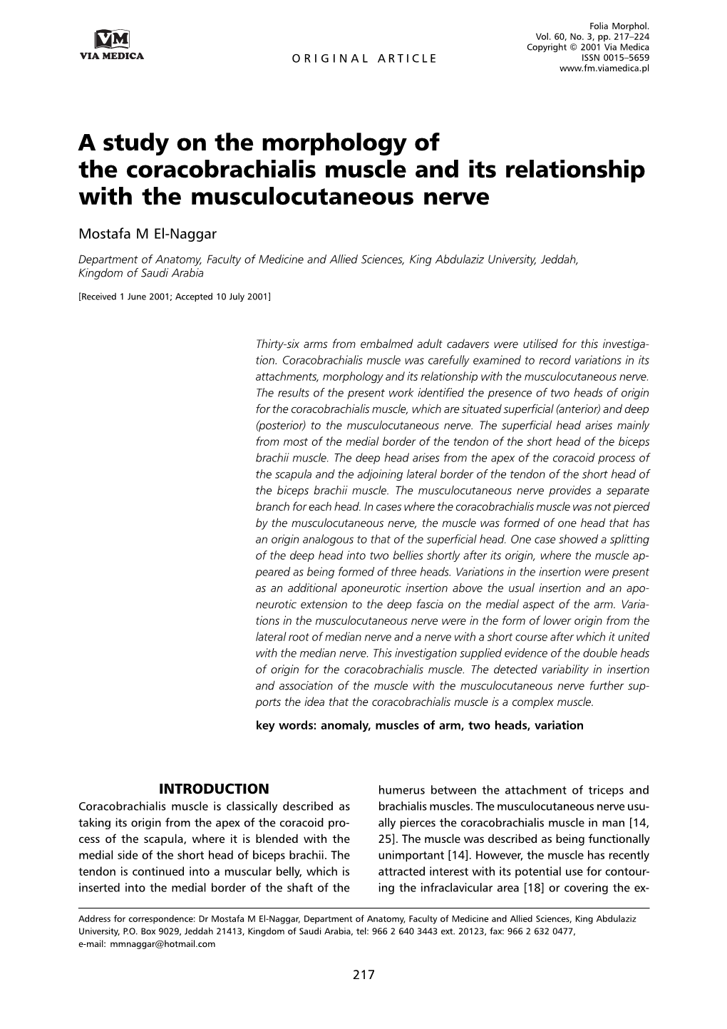 A Study on the Morphology of the Coracobrachialis Muscle and Its Relationship with the Musculocutaneous Nerve