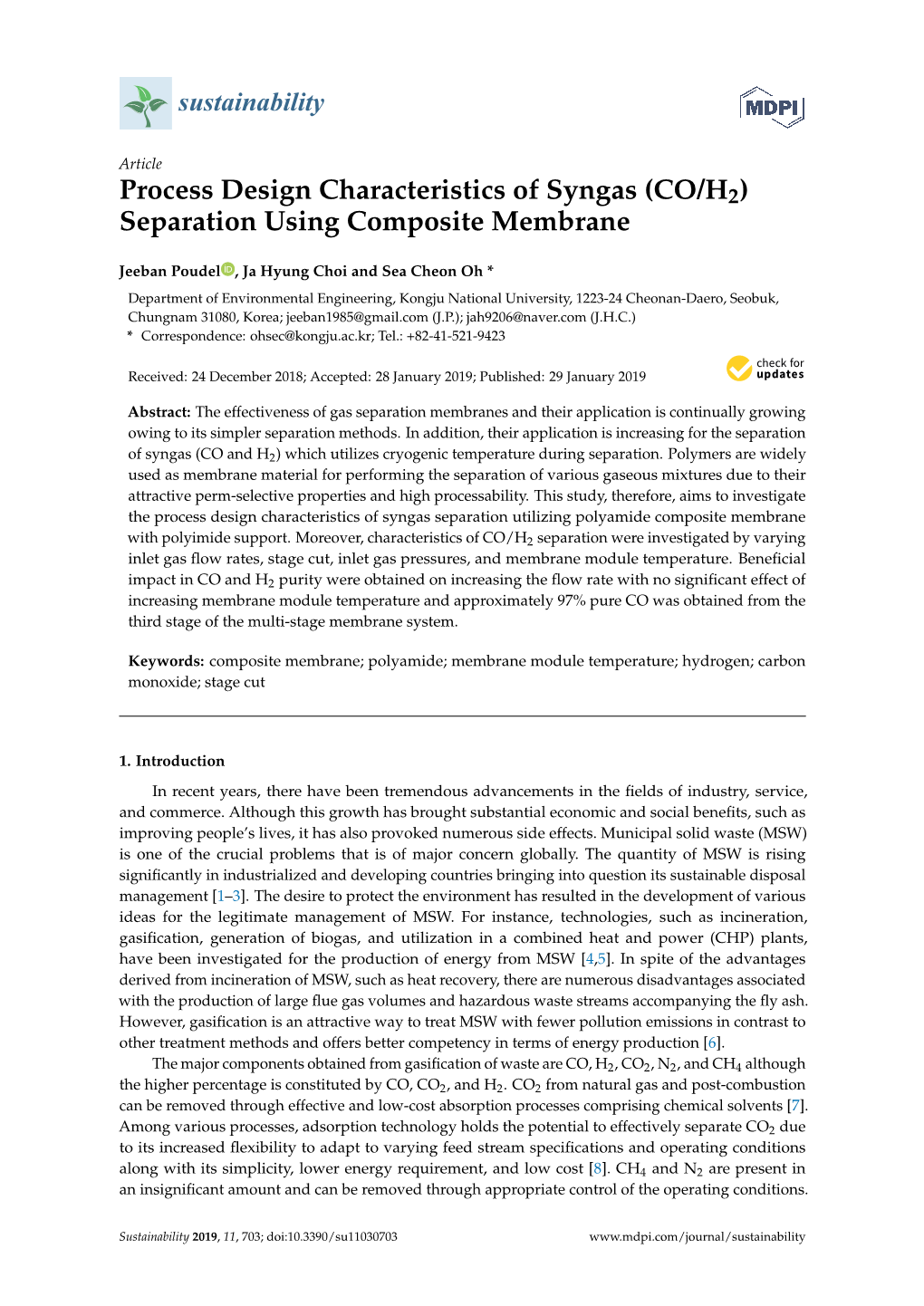 Process Design Characteristics of Syngas (CO/H2) Separation Using Composite Membrane