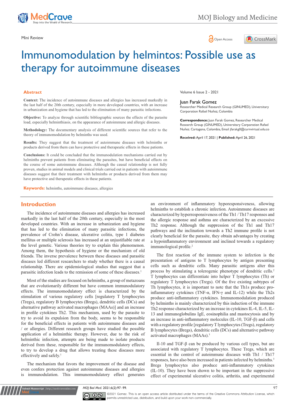 Immunomodulation by Helmintos: Possible Use As Therapy for Autoimmune Diseases