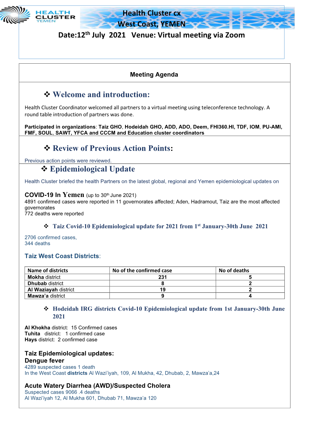 Epidemiological Update Health Cluster