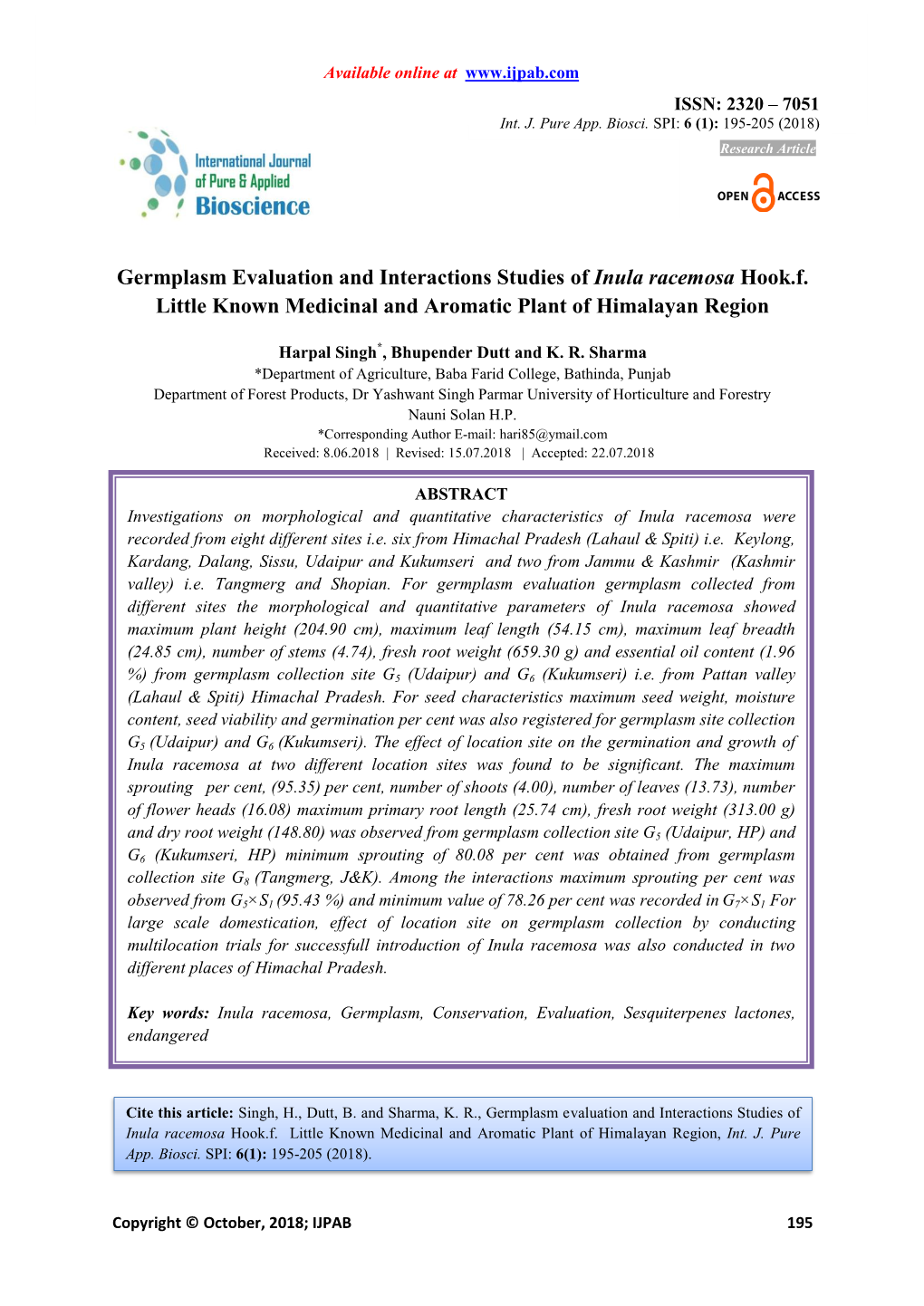 Germplasm Evaluation and Interactions Studies of Inula Racemosa Hook.F