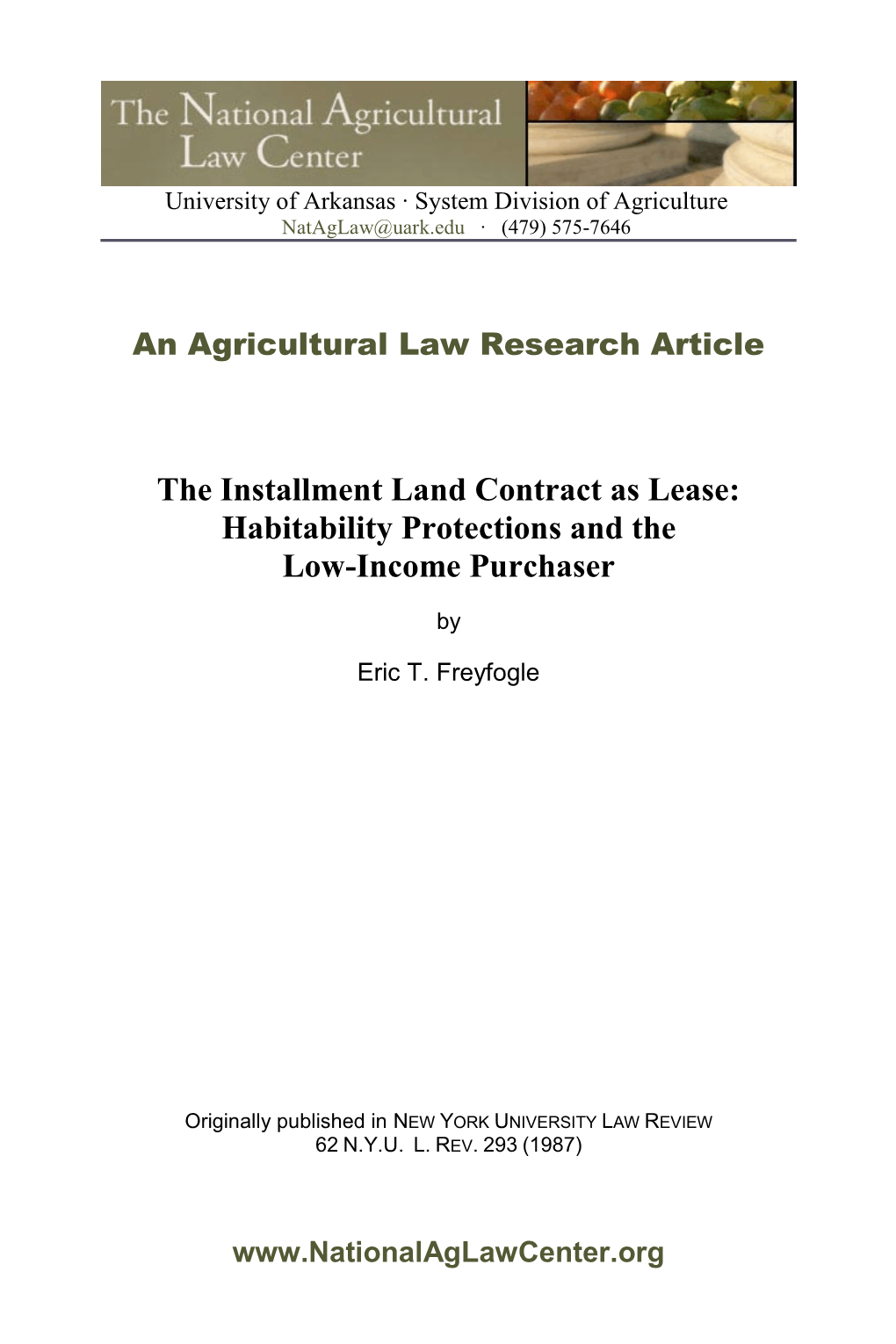 The Installment Land Contract As Lease: Habitability Protections and the Low-Income Purchaser
