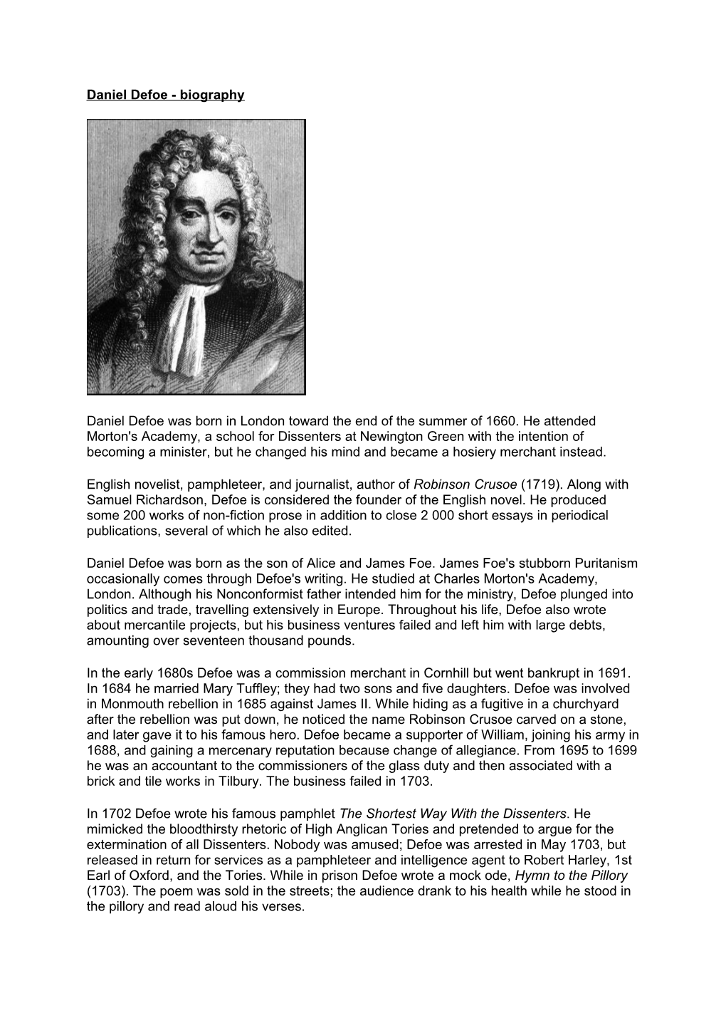 Daniel Defoe - Biography