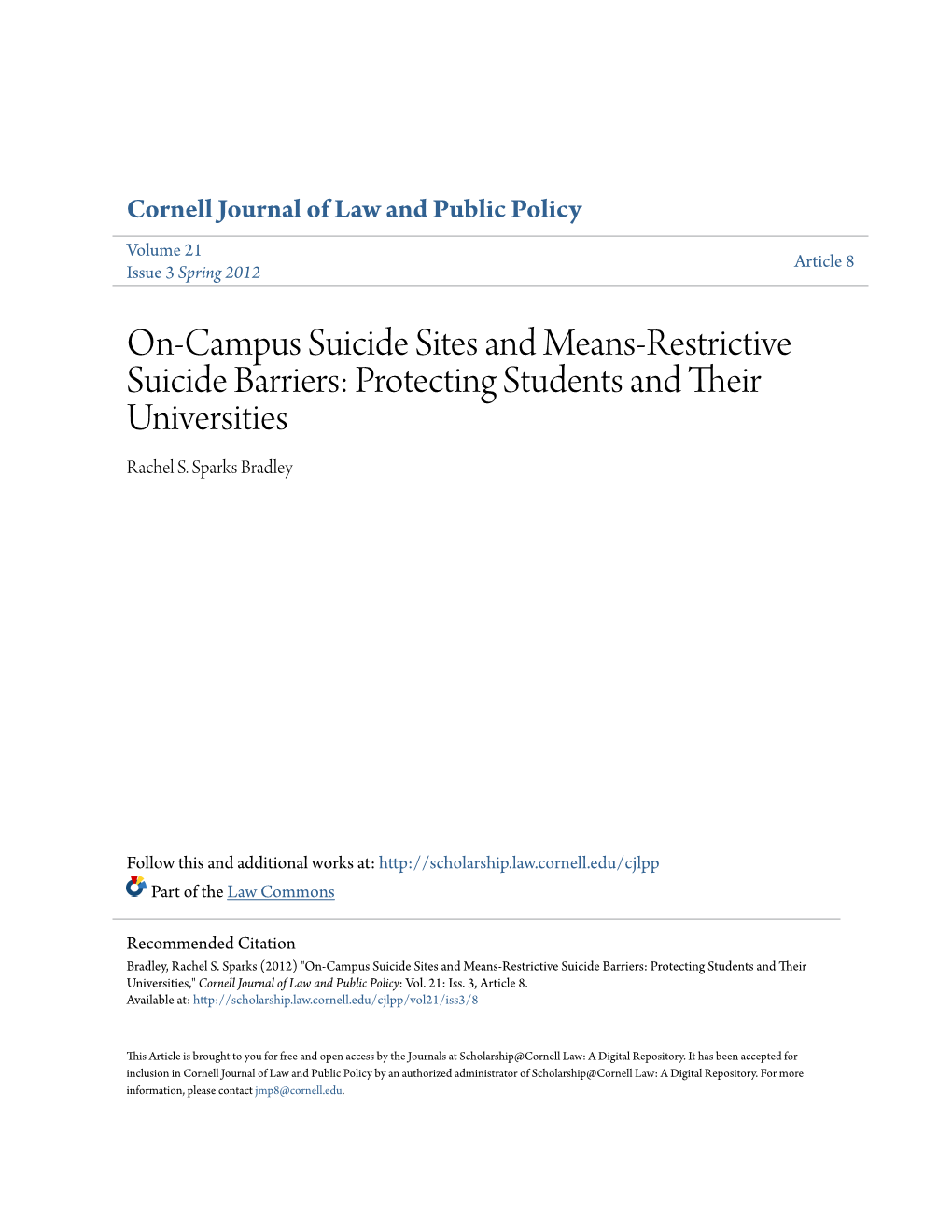 On-Campus Suicide Sites and Means-Restrictive Suicide Barriers: Protecting Students and Their Universities Rachel S