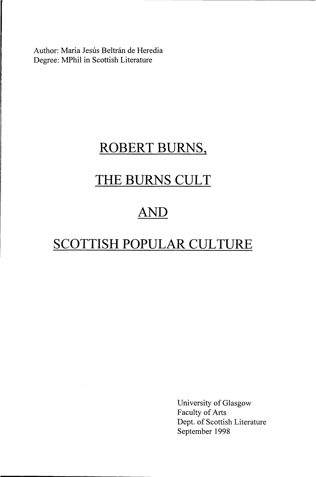 Robert Burns. the Burns Cult and Scottish Popular Culture