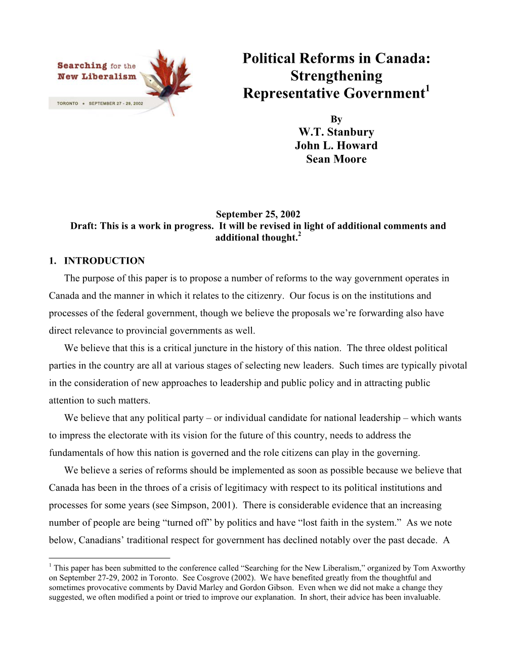 Political Reforms in Canada: Strengthening Representative Government1