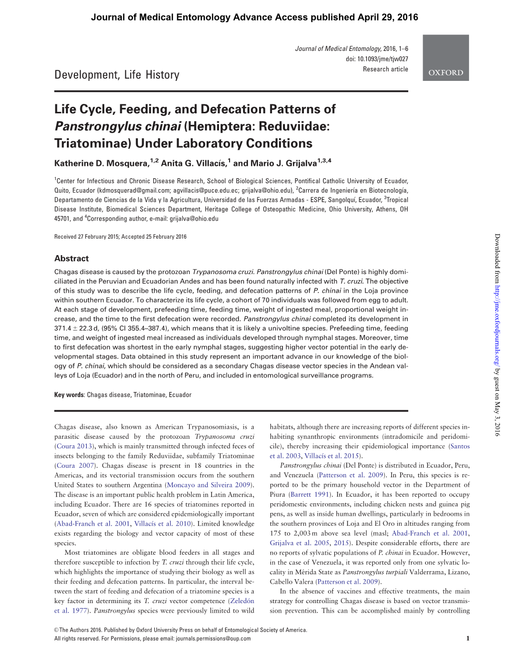 Life Cycle, Feeding, and Defecation Patterns of Panstrongylus Chinai (Hemiptera: Reduviidae: Triatominae) Under Laboratory Conditions