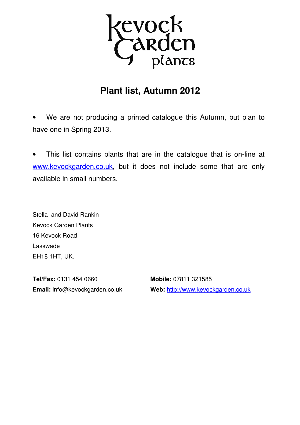 Plant List, Autumn 2012
