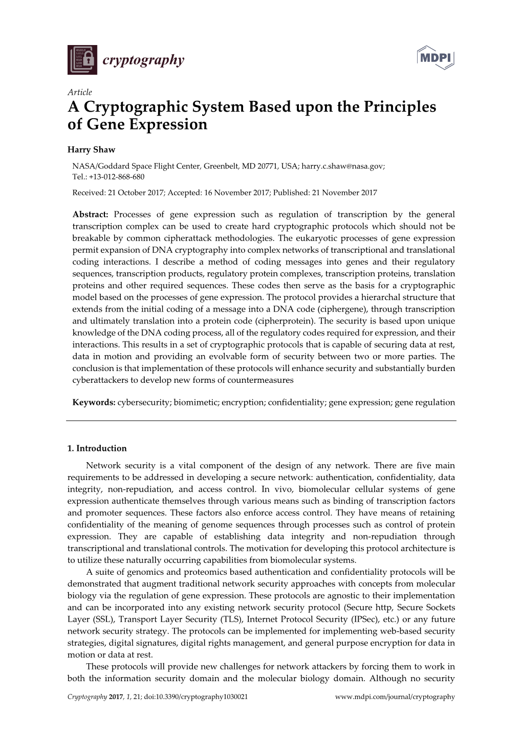 A Cryptographic System Based Upon the Principles of Gene Expression