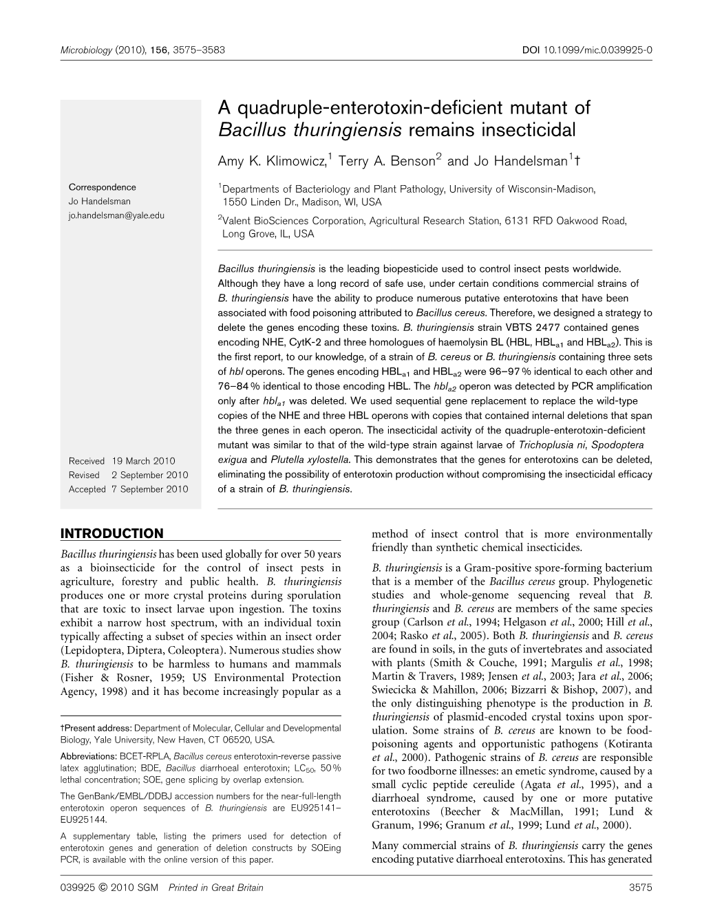 A Quadruple-Enterotoxin-Deficient Mutant of Bacillus Thuringiensis Remains Insecticidal