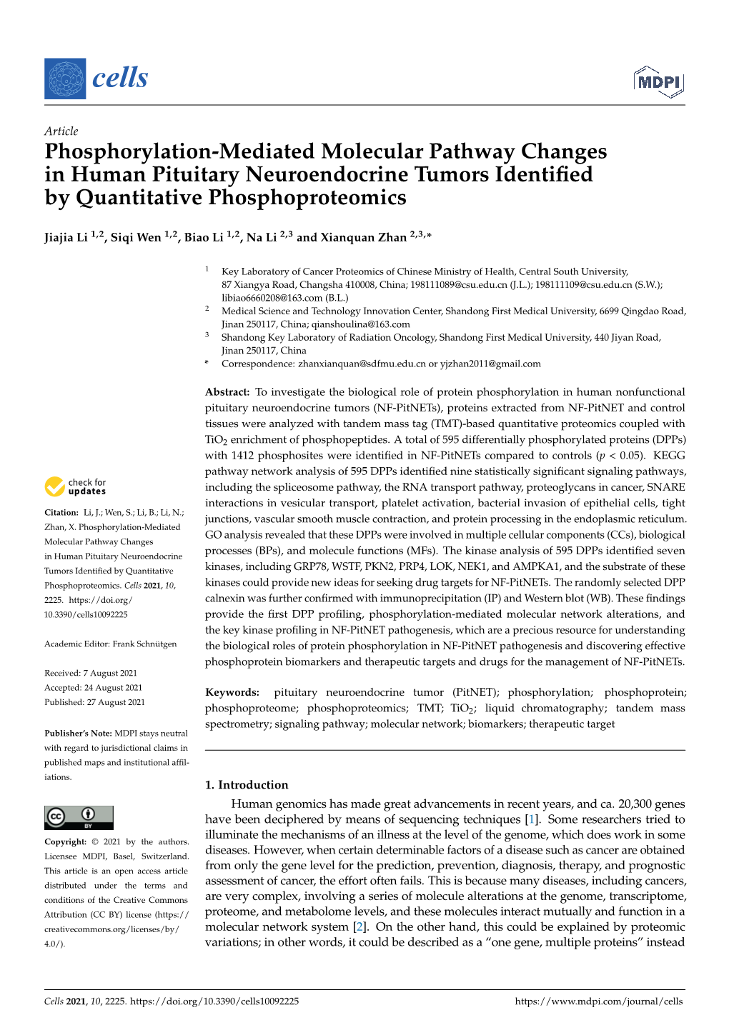 Phosphorylation-Mediated Molecular Pathway Changes in Human Pituitary Neuroendocrine Tumors Identiﬁed by Quantitative Phosphoproteomics